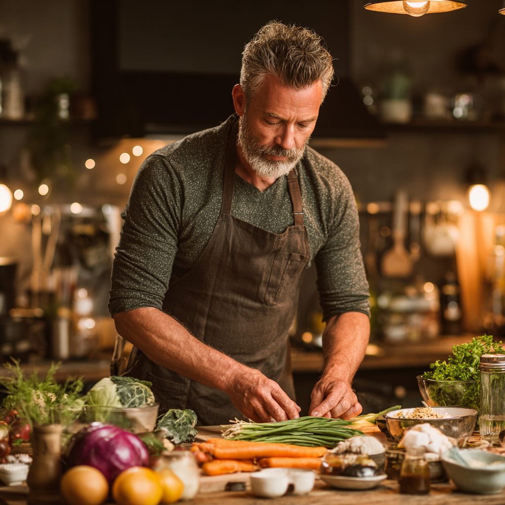 Confident middle-aged man in his late 40s preparing healthy meal ingredients in modern kitchen, showing active lifestyle and commitment to nutrition planning