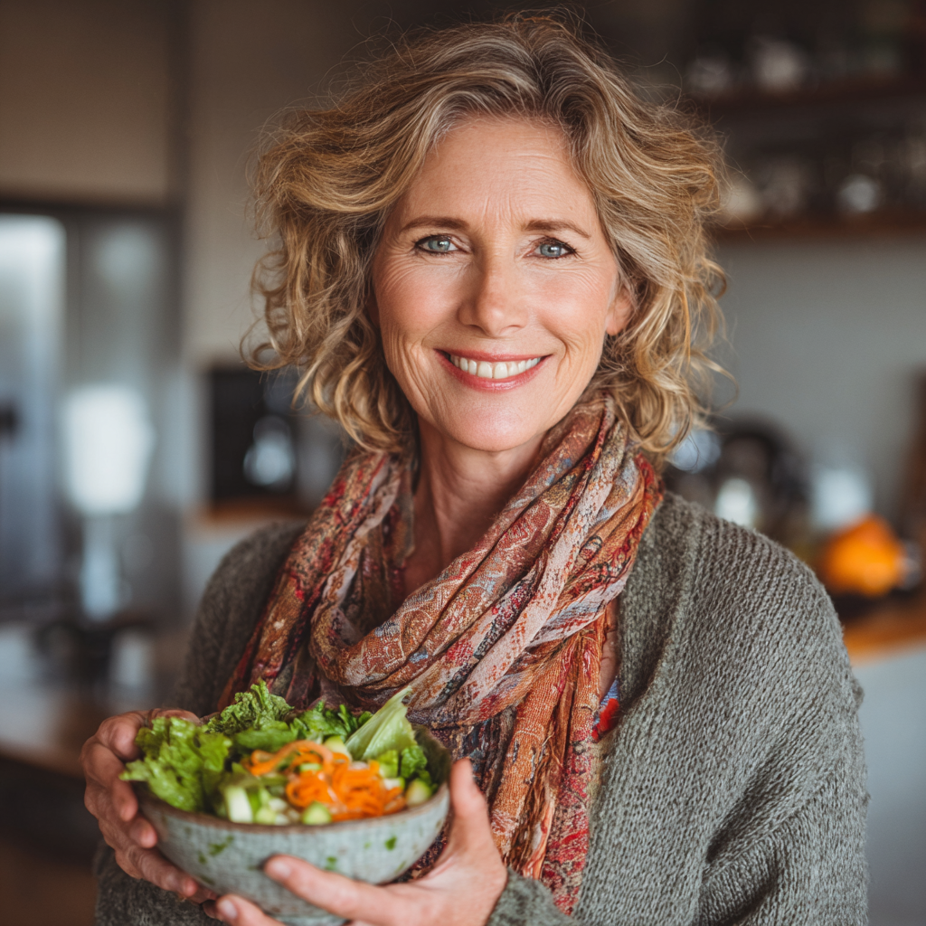 Smiling middle-aged woman in her 50s holding a colorful bowl of healthy salad in a bright modern kitchen, representing balanced nutrition and healthy lifestyle